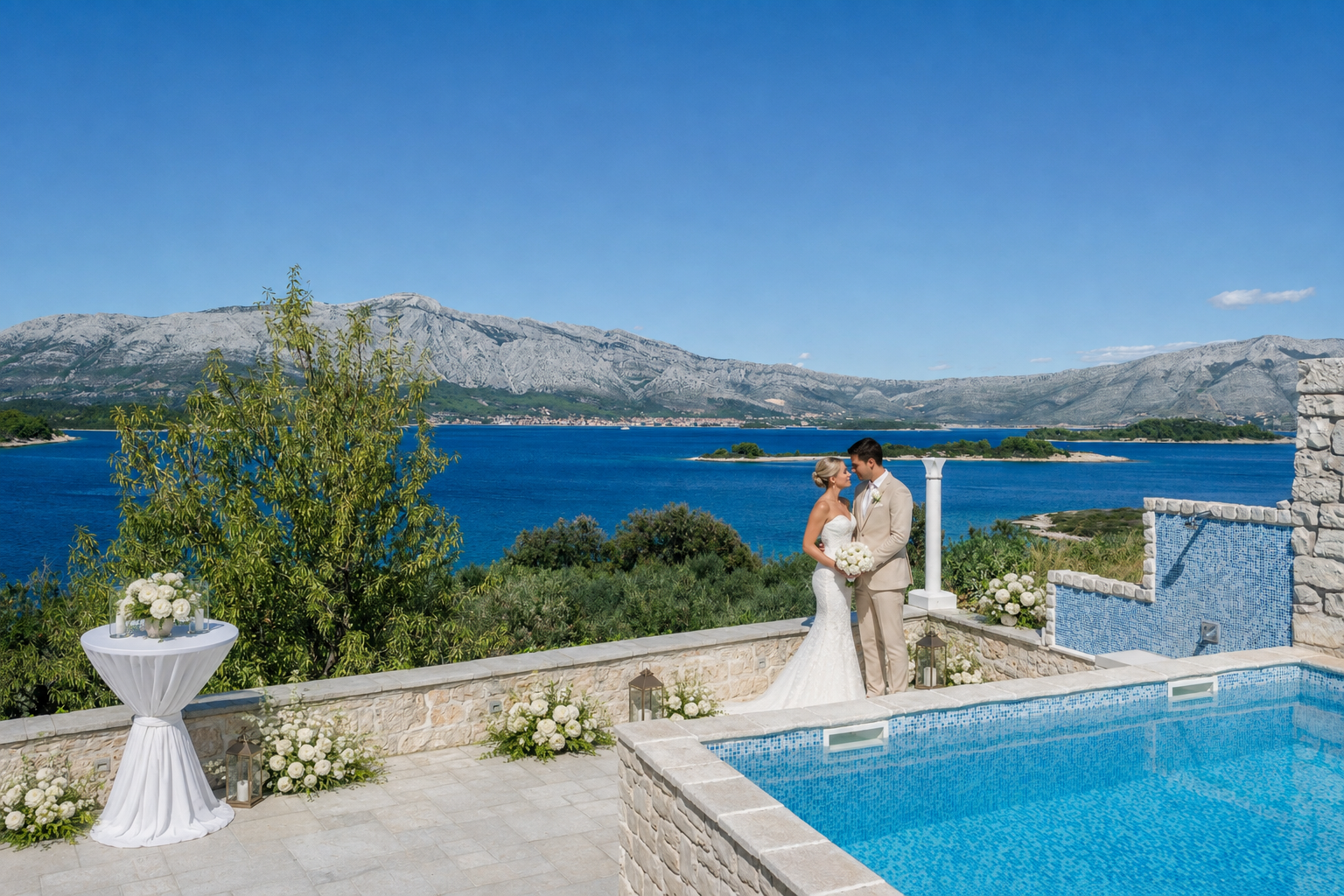 Villa Diamant pool terrace overlooking the Adriatic